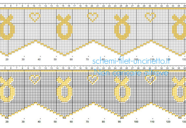 Bordino filet uncinetto schema gratis con dolci torcetti e cuoricini altezza 30 quadretti