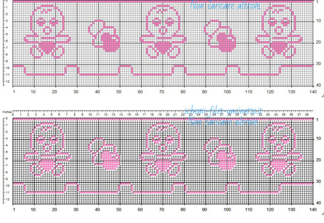 Bordo bebè filet uncinetto color rosa con bebè e ciuccio schema da scaricare gratis 35 quadretti