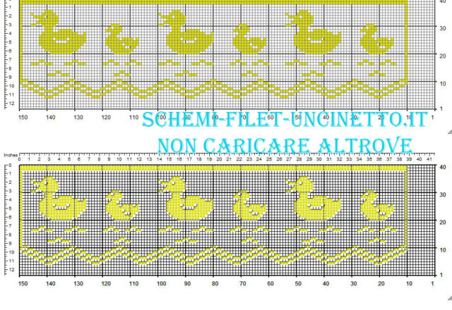 Bordo filet con paperelle schema da scaricare gratis larghezza 36 quadretti colore giallo