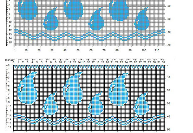 Bordo filet gratis con gocce d'acqua azzurre schema larghezza 50 quadretti