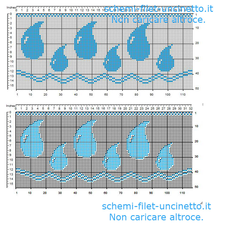 Bordo filet gratis con gocce d'acqua azzurre schema larghezza 50 quadretti