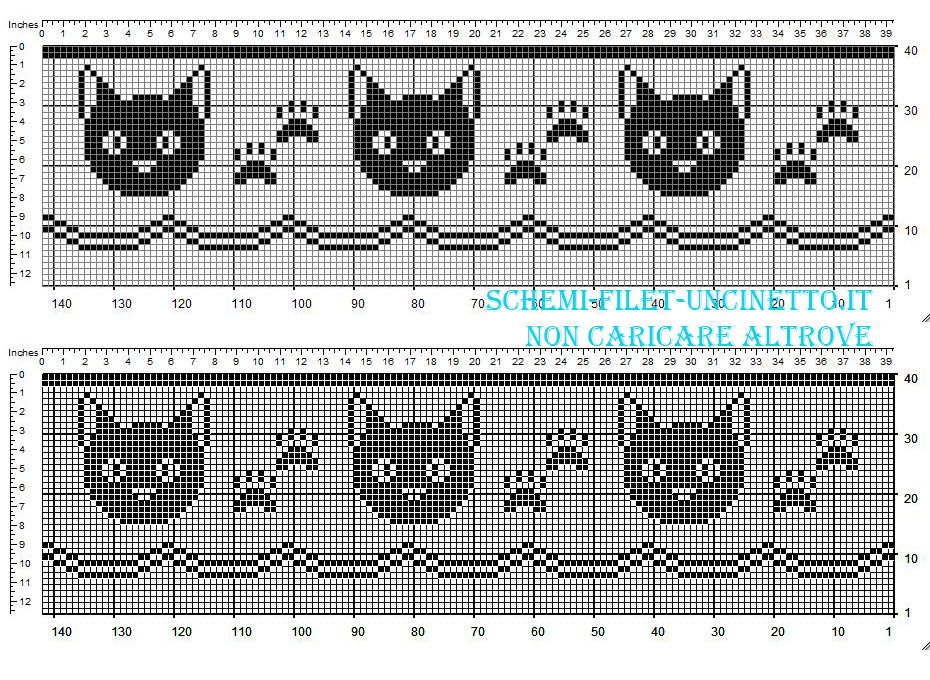 Bordo filet schema gratis con volti e impronte dei gatti larghezza 34 quadretti