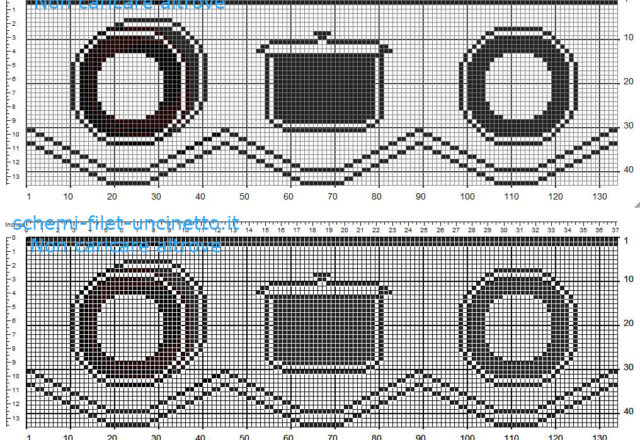 Bordo filet uncinetto con pentole e piatti schema gratis altezza 43 quadretti