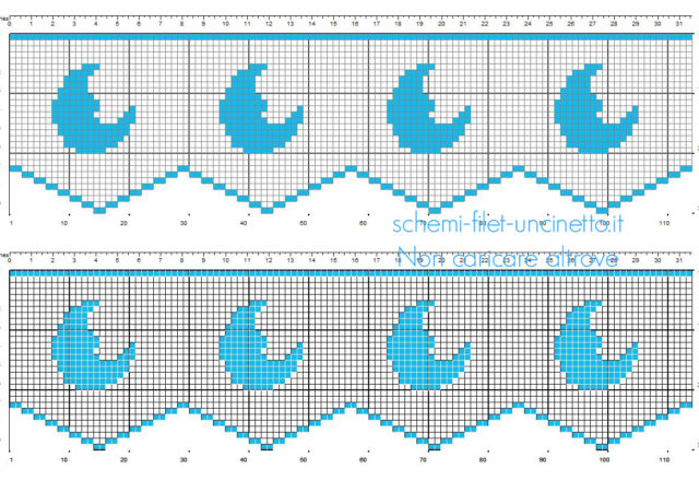 Bordo filet uncinetto con piccole lunette notte per bambini schema gratis altezza 30 quadretti