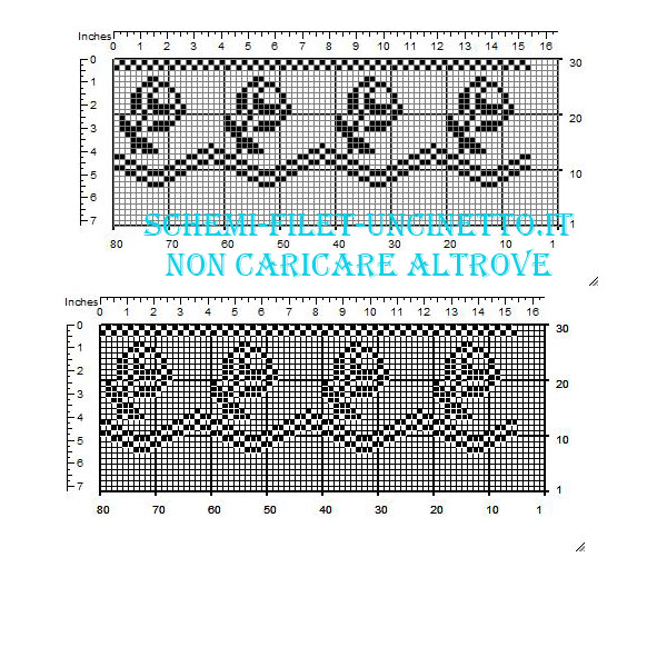 Bordo filet uncinetto con piccole roselline realizzato gratis da scaricare larghezza 23 quadretti