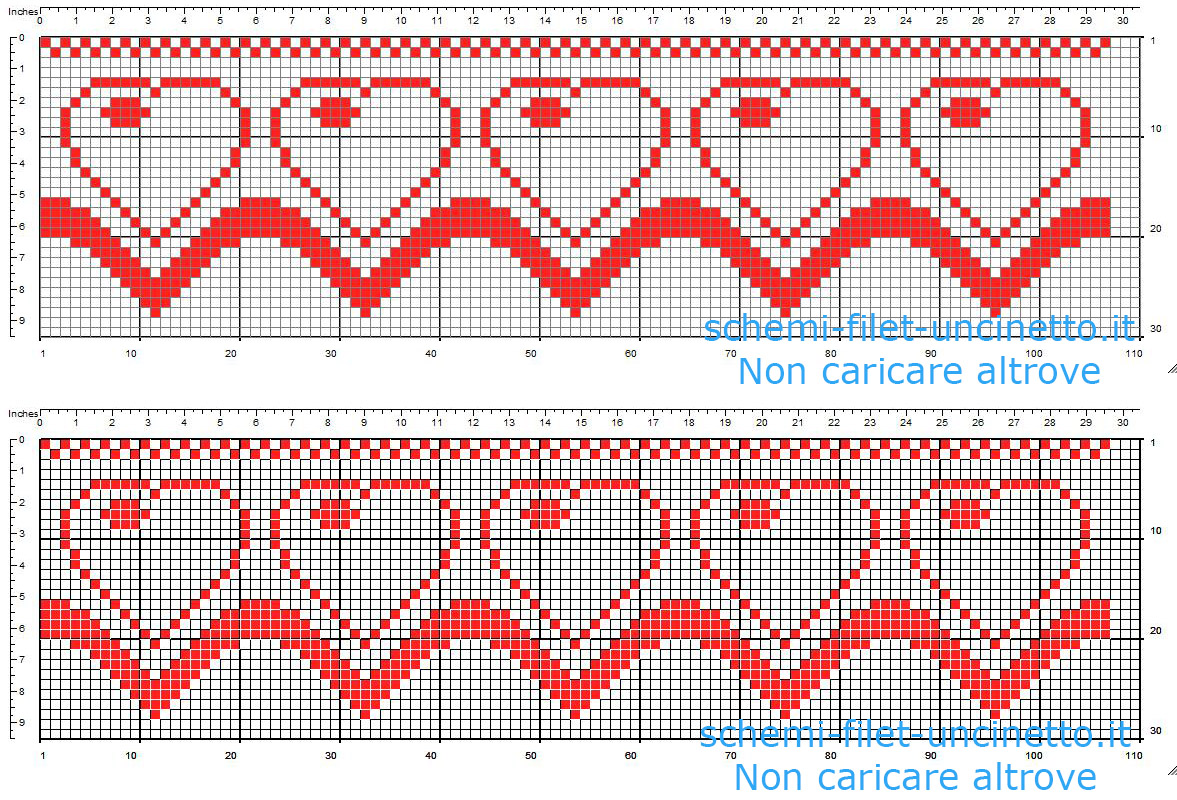 Bordo filet uncinetto gratis con cuoricini rossi schema da scaricare gratis per mensola