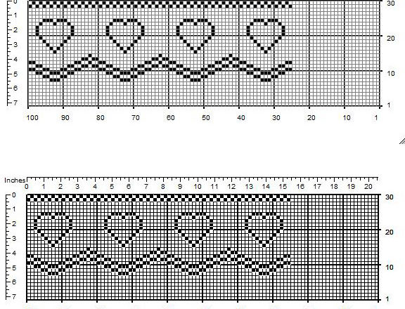 Bordo filet uncinetto gratis con piccoli cuori larghezza 23 quadretti