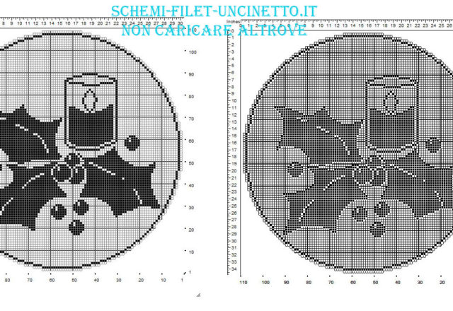 Centrino Natale rotondo a filet uncinetto con candela e pungitopo agrifoglio