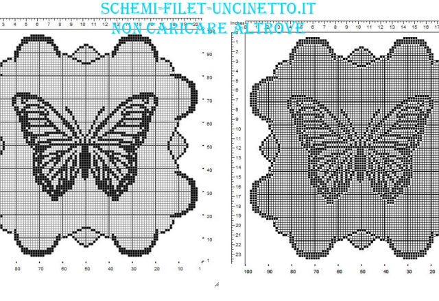 Centrino filet con farfalla e bordo nuvole schema da scaricare gratis in 100 quadretti