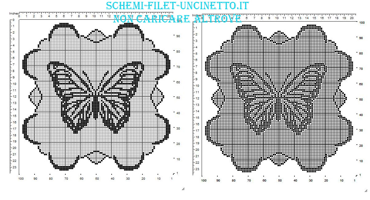 Centrino filet con farfalla e bordo nuvole schema da scaricare gratis in 100 quadretti