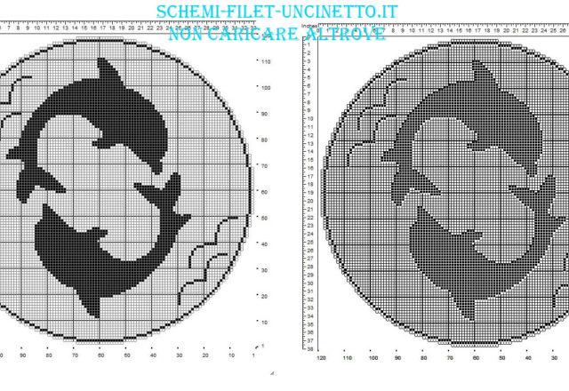 Centrino filet rotondo gratis con due delfini in 120 quadretti