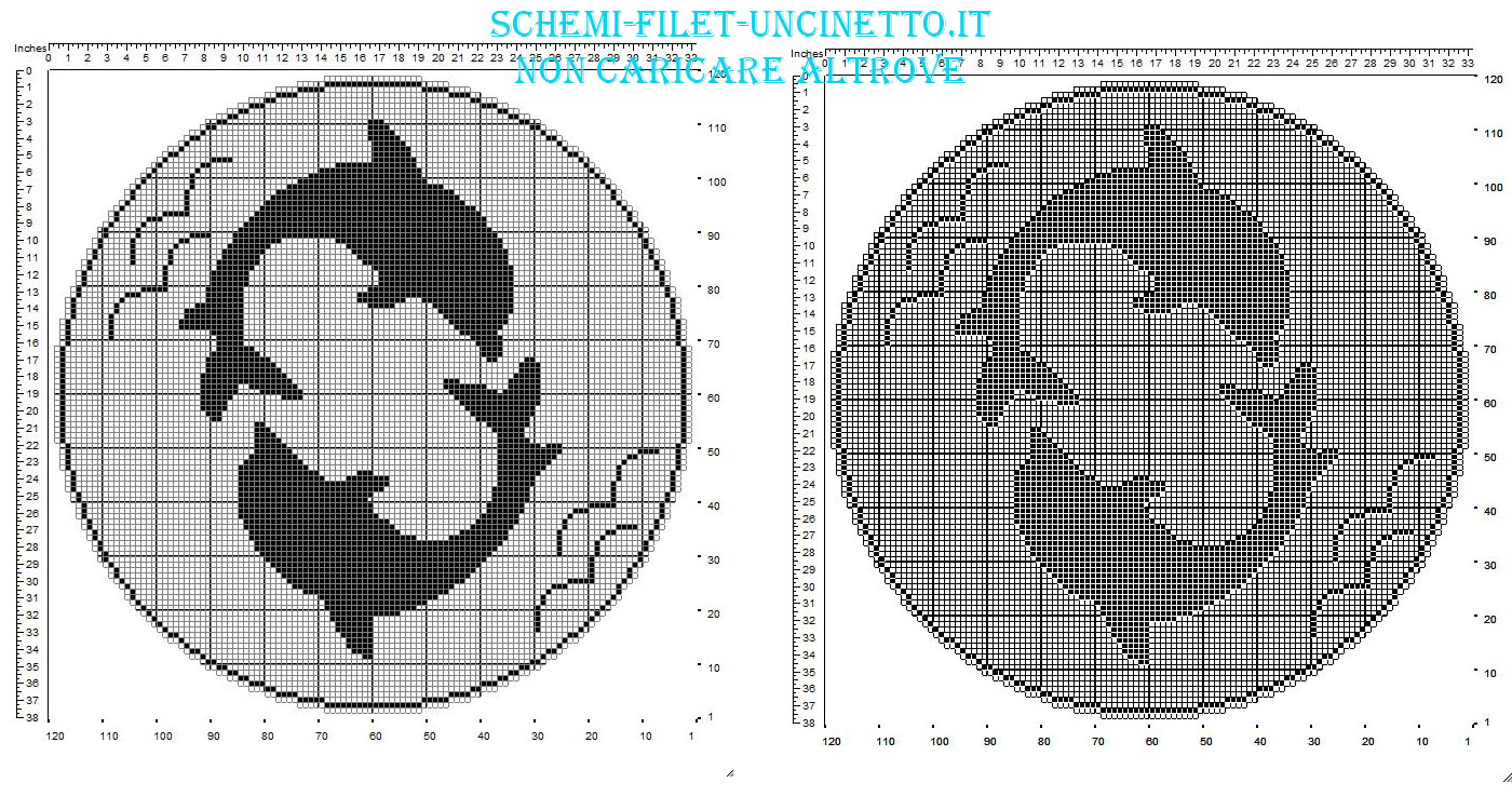 Centrino filet rotondo gratis con due delfini in 120 quadretti