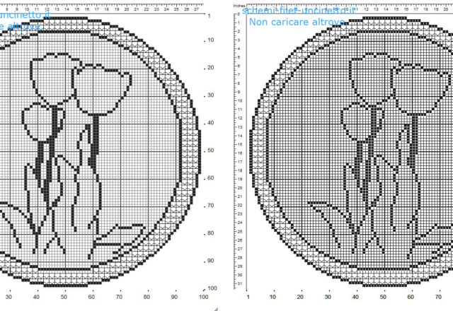 Centrino filet uncinetto con fiori tulipani e bordo schema gratis 100 quadretti