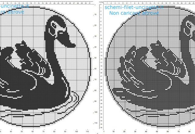 Centrino filet uncinetto con un cigno nel lago schema da scaricare gratuitamente 115 quadretti