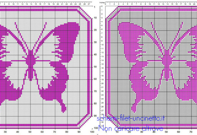 Centrino quadrato filet uncinetto color viola con farfalla schema gratuito