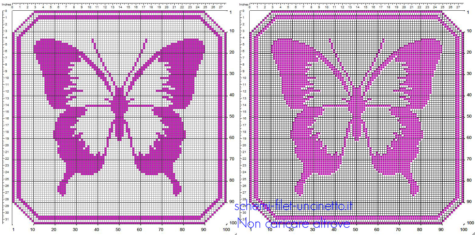 Centrino quadrato filet uncinetto color viola con farfalla schema gratuito