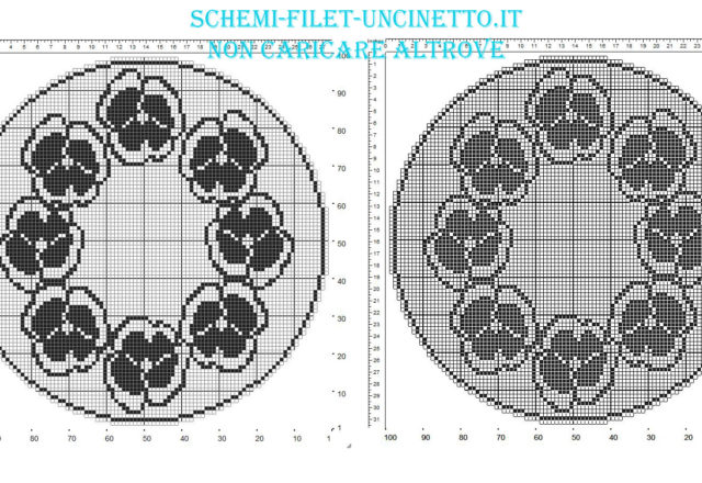 Centrino rotondo filet uncinetto gratis con fiori pansè diametro 100 quadretti