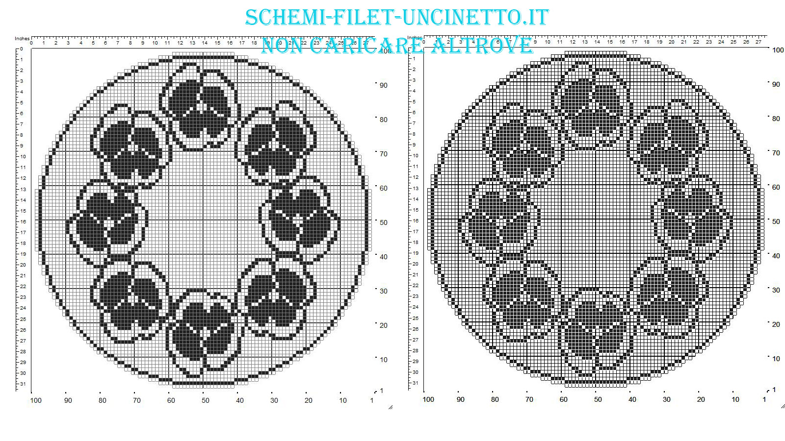 Centrino rotondo filet uncinetto gratis con fiori pansè diametro 100 quadretti
