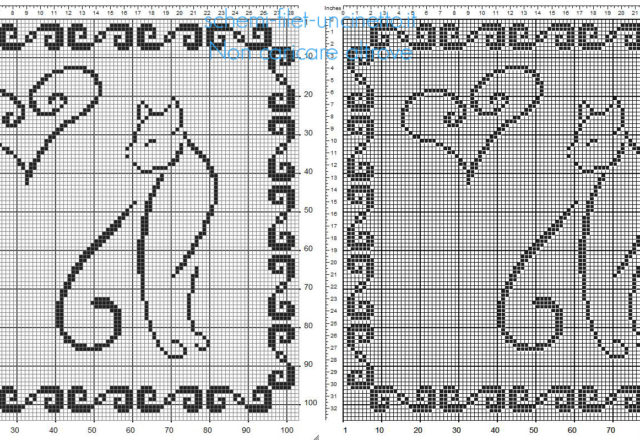 Centro centrino filet uncinetto quadrato con gatti e cuoricini schema gratis