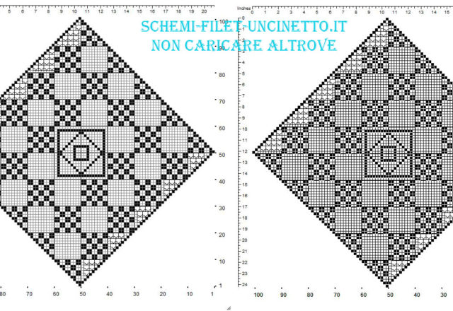 Centro filet uncinetto gratis a forma di rombo con quadrati geometrici