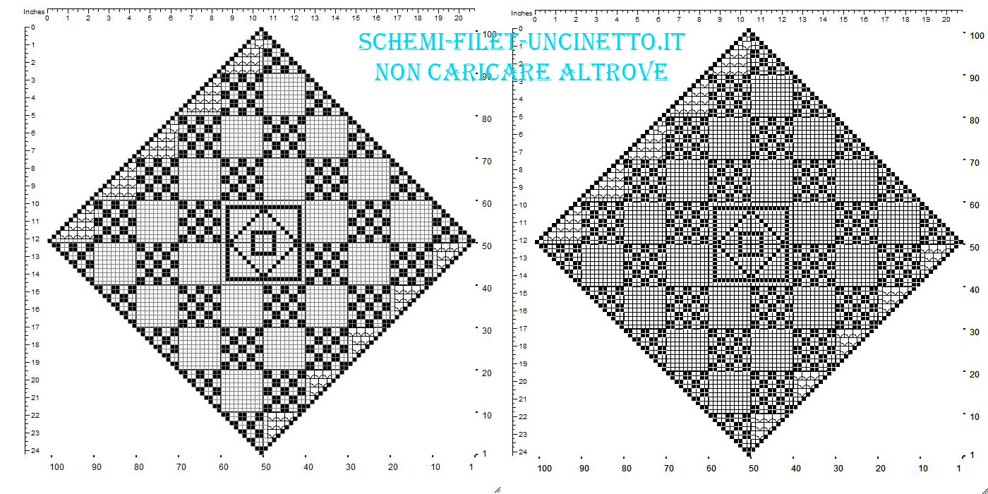 Centro filet uncinetto gratis a forma di rombo con quadrati geometrici