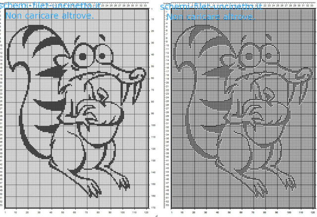 Copertina bimbo bimba filet uncinetto schema gratis con Scrat simpatico scoiattolo dell