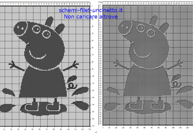 Copertina filet uncinetto schema gratis con Peppa Pig che salta sulle pozzanghere 130 x 170 quadretti