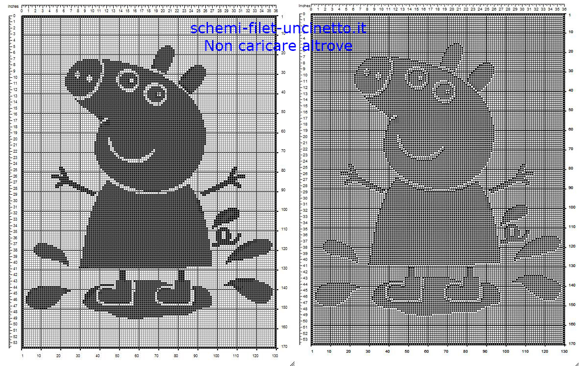 Copertina filet uncinetto schema gratis con Peppa Pig che salta sulle pozzanghere 130 x 170 quadretti