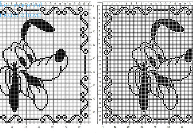 Cuscino a uncinetto filet con Disney Pluto schema gratis 90 quadretti