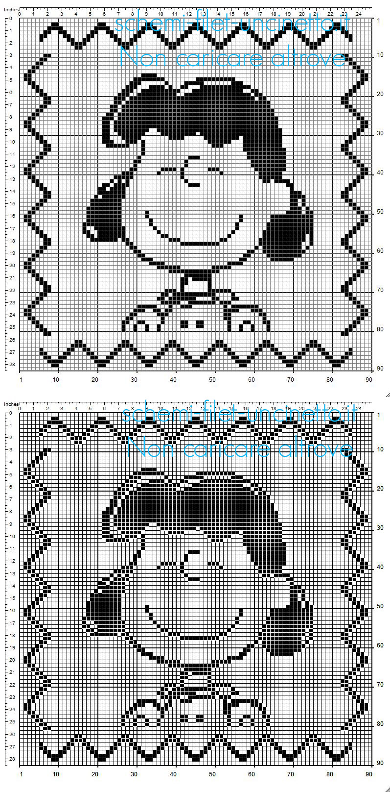 Cuscino bambini a uncinetto filet con Lucy personaggio di Charlie Brown dimensioni 90 x 90 quadretti