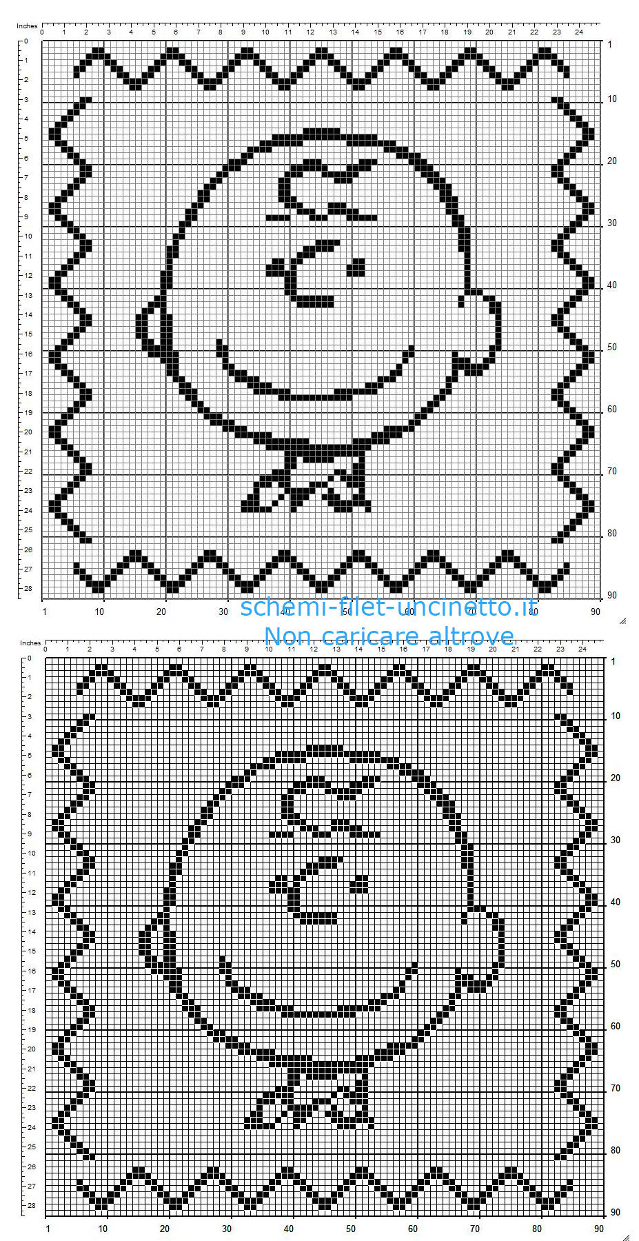 Cuscino bambino uncinetto filet con Charlie Brown schema gratis 90 x 90 quadretti