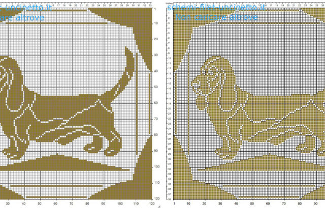 Cuscino filet uncinetto schema gratis con cane bassotto color marrone 120 quadretti