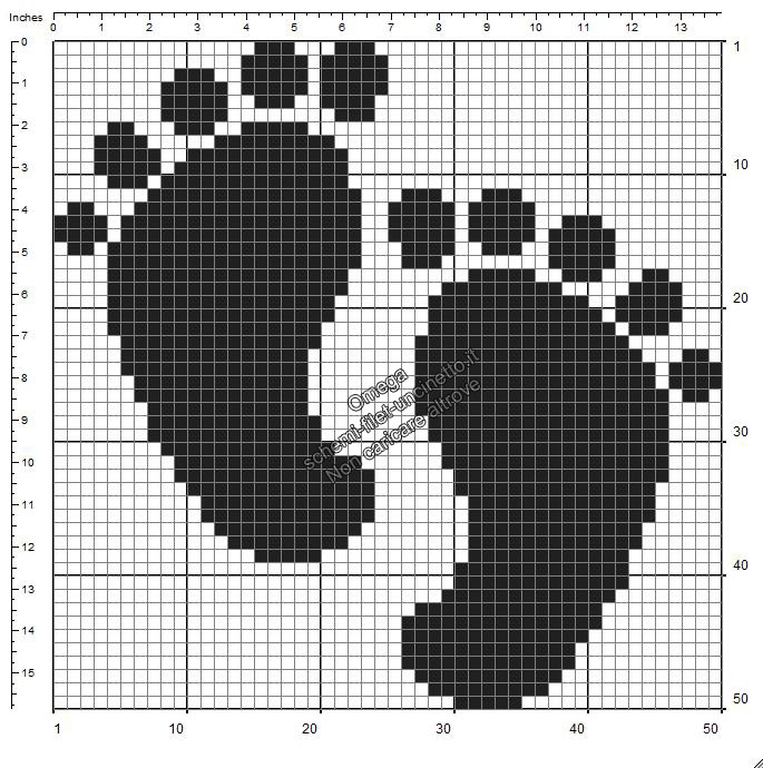 Impronte piedini bambino schema filet uncinetto gratis ideale nascita nero 50x50