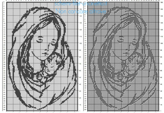 La Madonna con bambino schema filet uncinetto gratis 105 x 160 quadretti