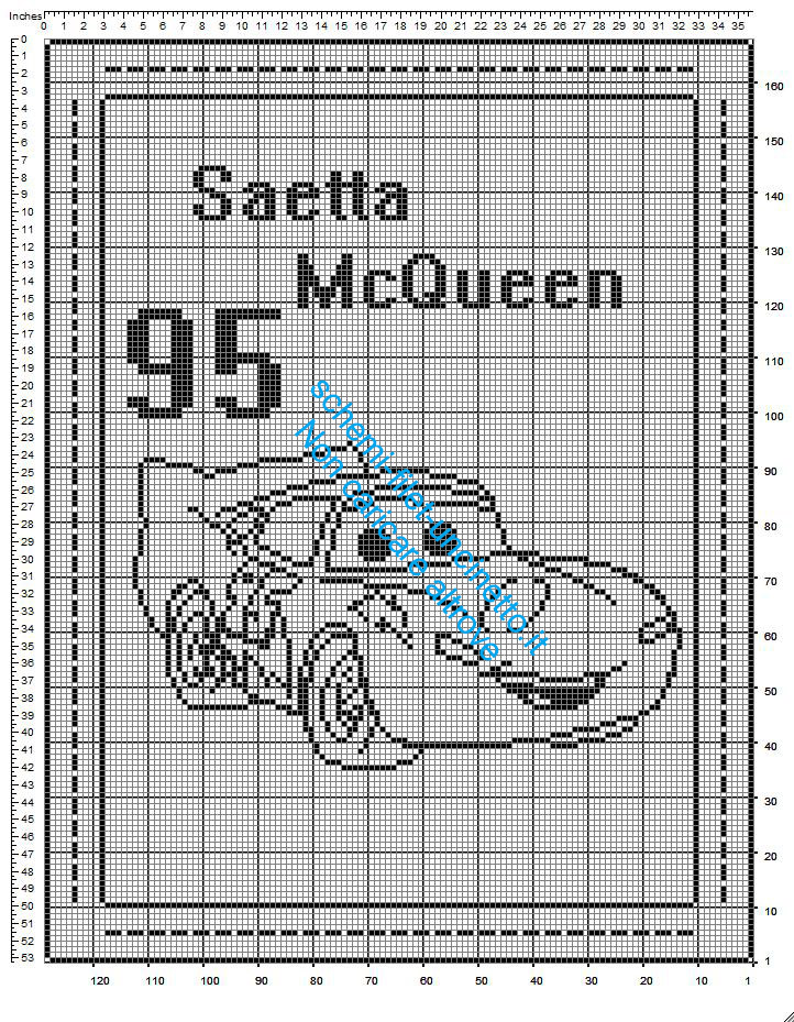 Saetta McQueen personaggio Disney Cars copertina uncinetto filet schema gratuito