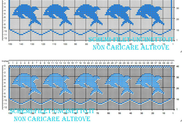 Schema bordo filet gratis con piccoli delfini azzurri larghezza 35 quadretti