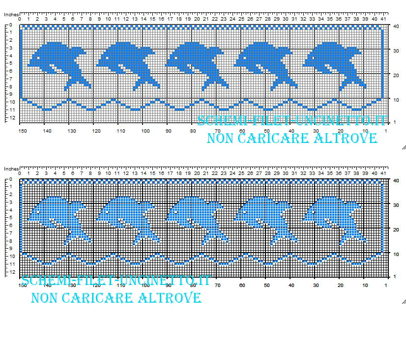 Schema bordo filet gratis con piccoli delfini azzurri larghezza 35 quadretti