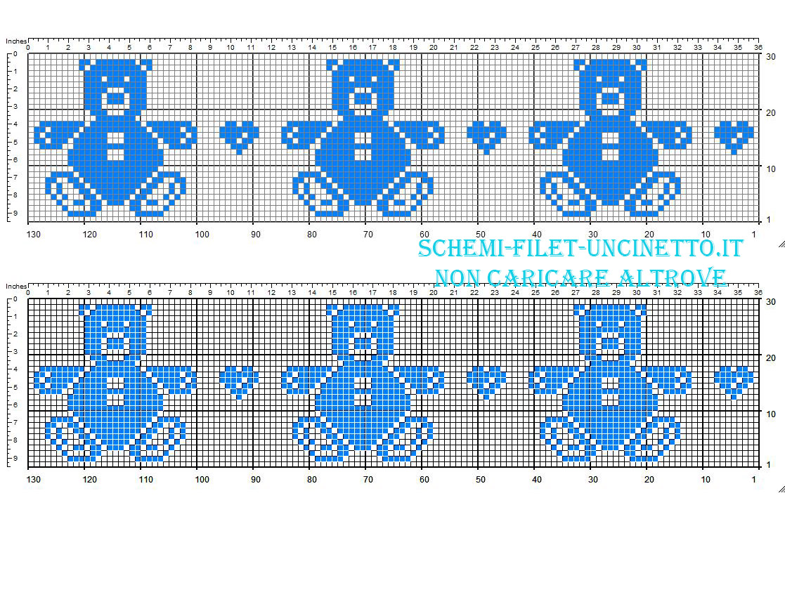 Schema bordo filet uncinetto con teneri orsetti e cuoricini altezza 30 quadretti colore blu