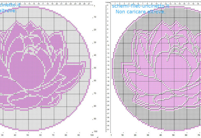 Schema centrino filet uncinetto gratis rotondo con fiore di Loto diametro 100 quadretti