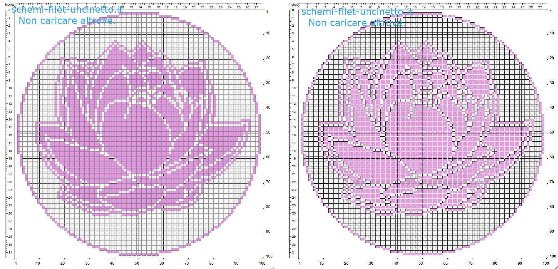 Schema centrino filet uncinetto gratis rotondo con fiore di Loto diametro 100 quadretti