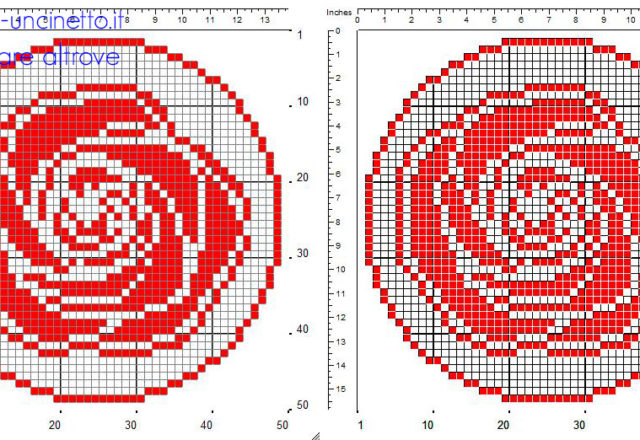 Schema centrino tondo a uncinetto filet con rosa rossa dimensioni 50 x 50 quadretti