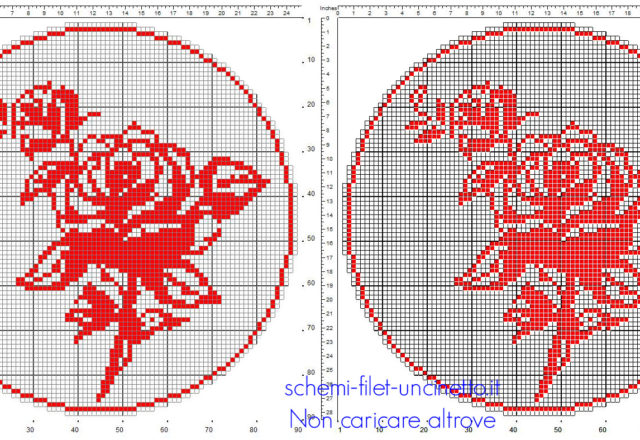 Schema filet uncinetto centro rotondo color rosso con rose in 90 quadretti