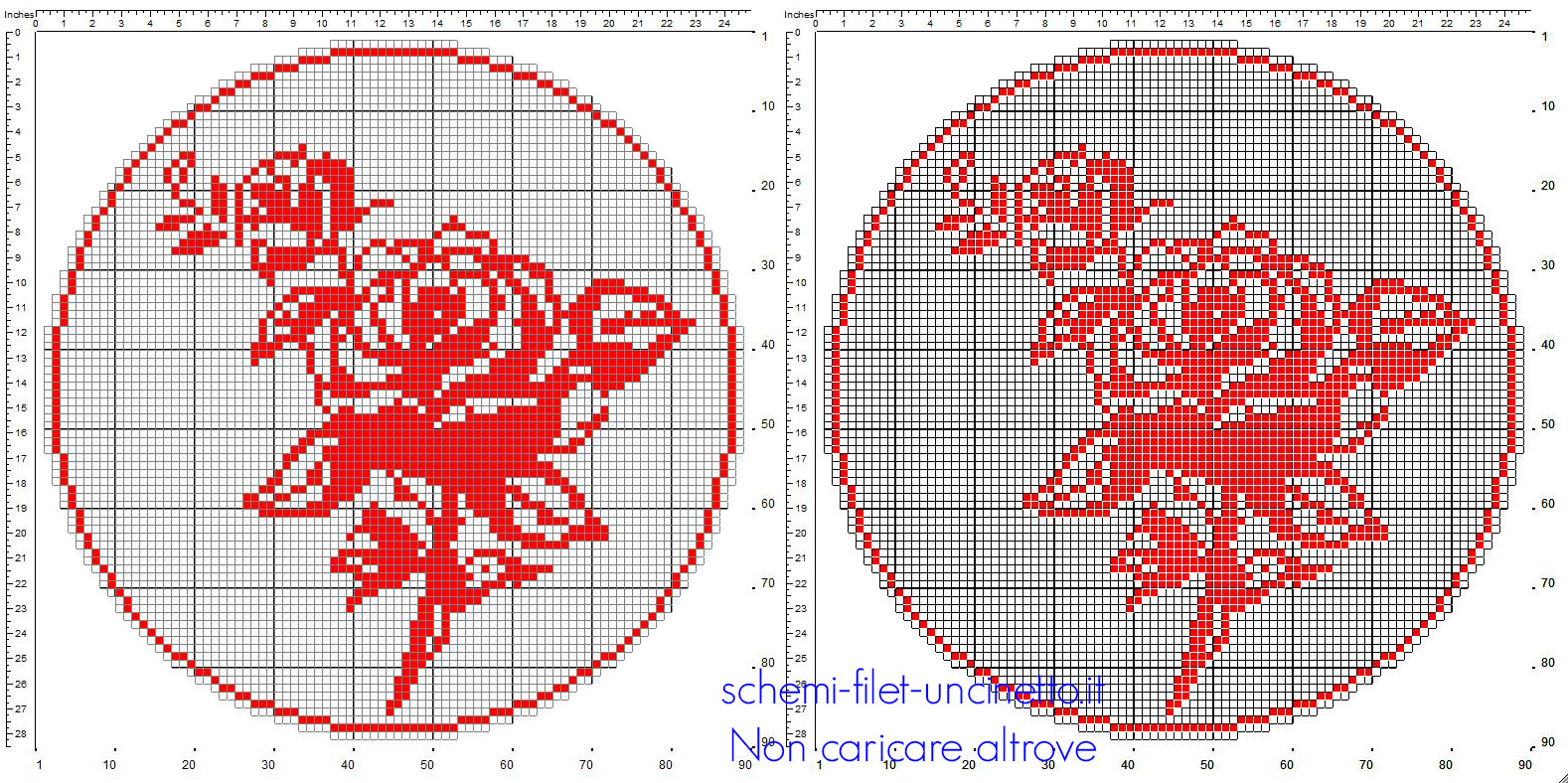 Schema filet uncinetto centro rotondo color rosso con rose in 90 quadretti