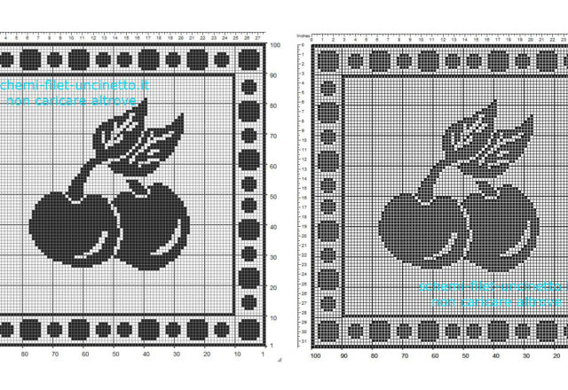 Schema filet uncinetto gratis centro centrino con frutta ciliegie in 100 quadretti