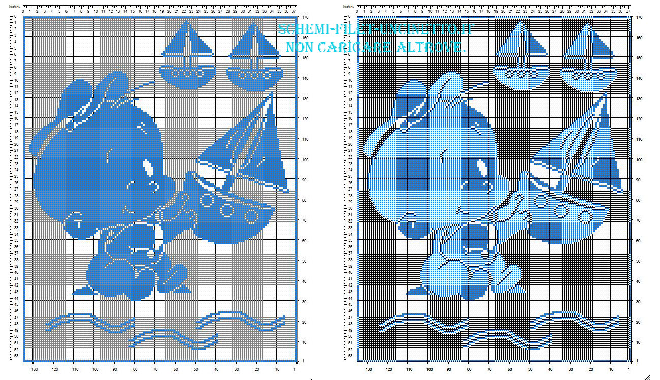 Schema filet uncinetto gratis copertina bebè con baby Braccio di ferro e barchette