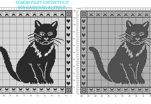 Schema filet uncinetto gratis cuscino con gatto in 120 quadretti