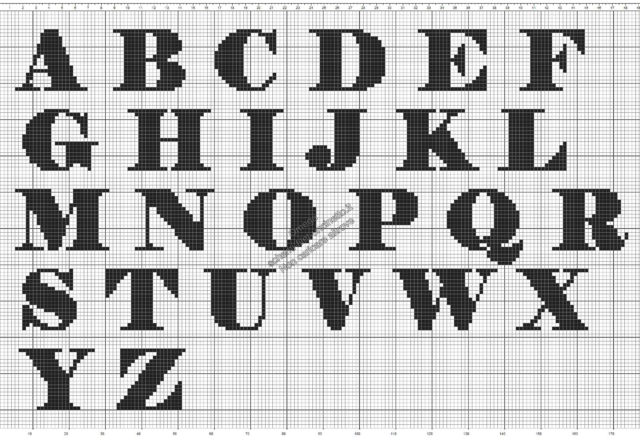 Schema gratis alfabeto uncinetto filet font Elephant maiuscolo altezza in quadretti media 17 massima 21