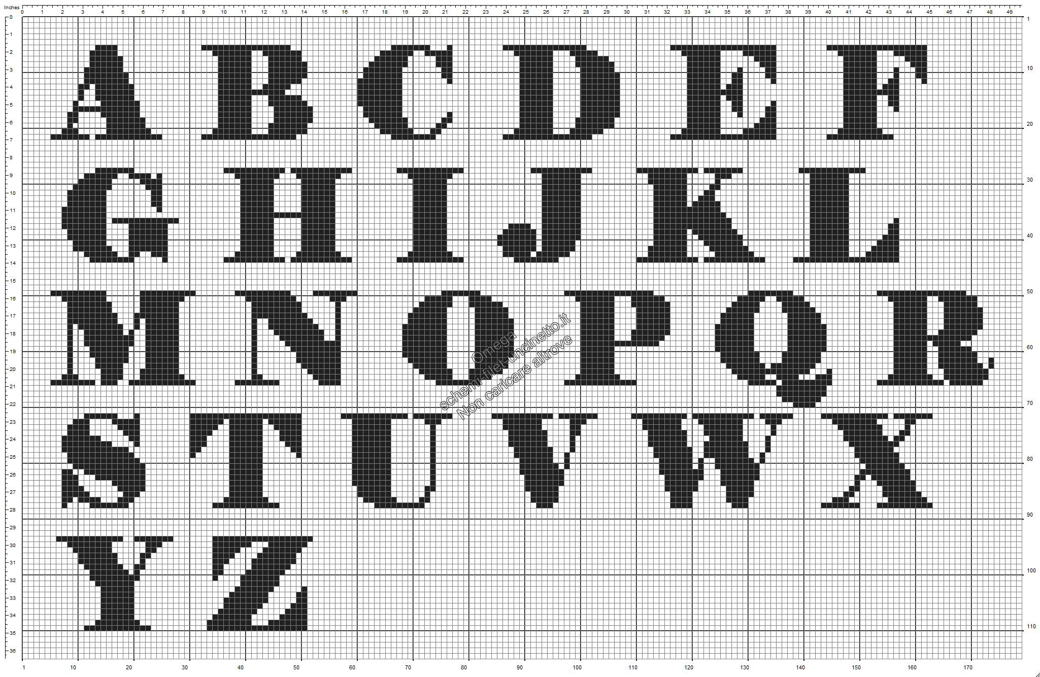 Schema gratis alfabeto uncinetto filet font Elephant maiuscolo altezza in quadretti media 17 massima 21