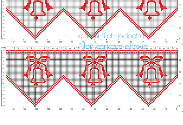 Schema gratis bordo rosso di Natale uncinetto filet con le campane natalizie