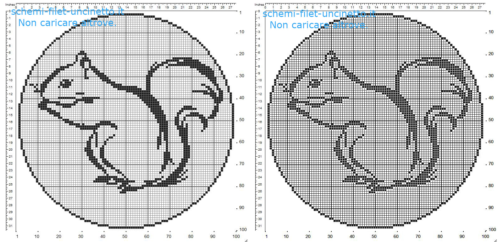 Schema gratis centrino filet uncinetto rotondo con scoiattolo 100 quadretti